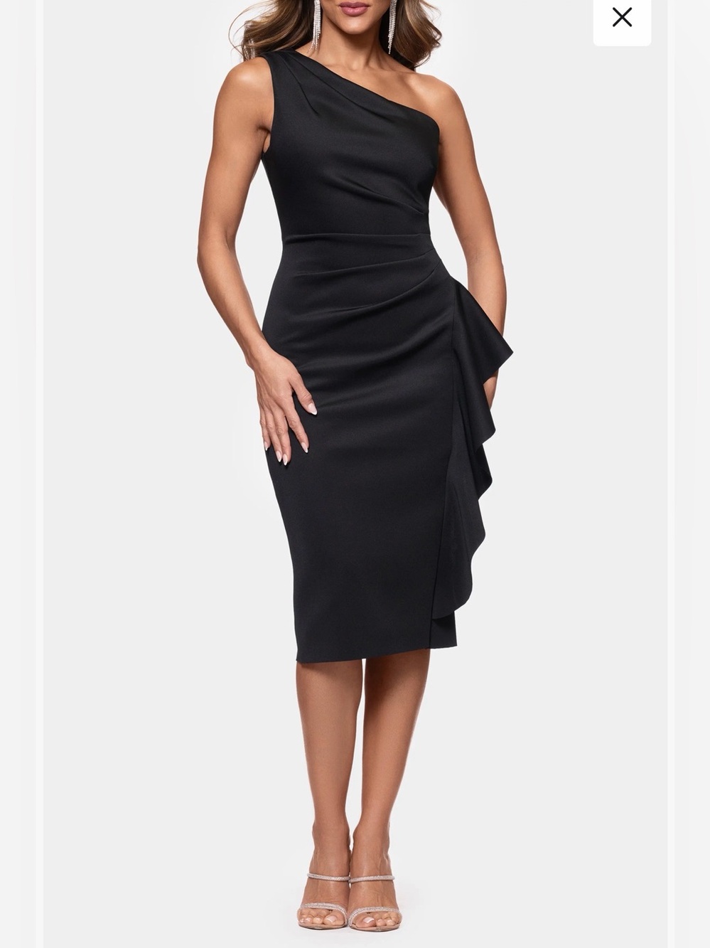 Xscape One-Shoulder Black Sheath Dress with Side Ruffle